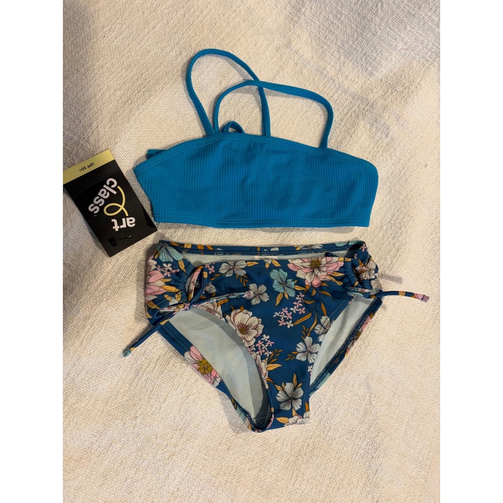 Art Class Girls Blue Ribbed Floral Bikini Two Piece Swimsuit Set UPF 50+ Size S